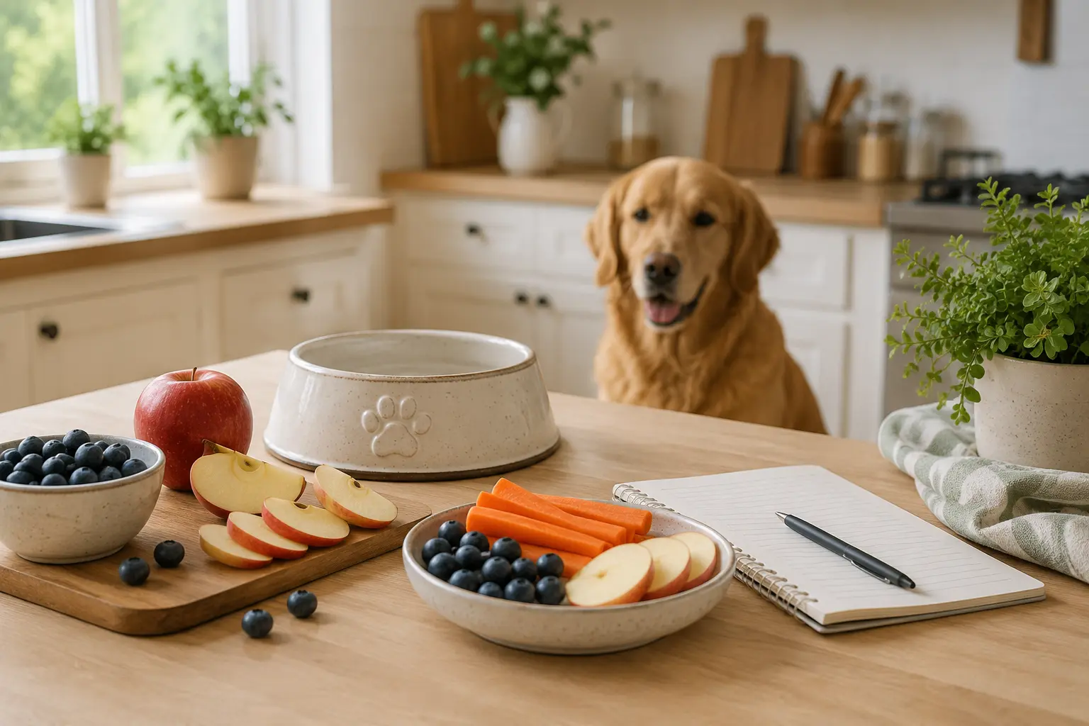 Dog Nutrition Hub — fresh dog-safe fruits and vegetables on a kitchen counter with a dog in the background