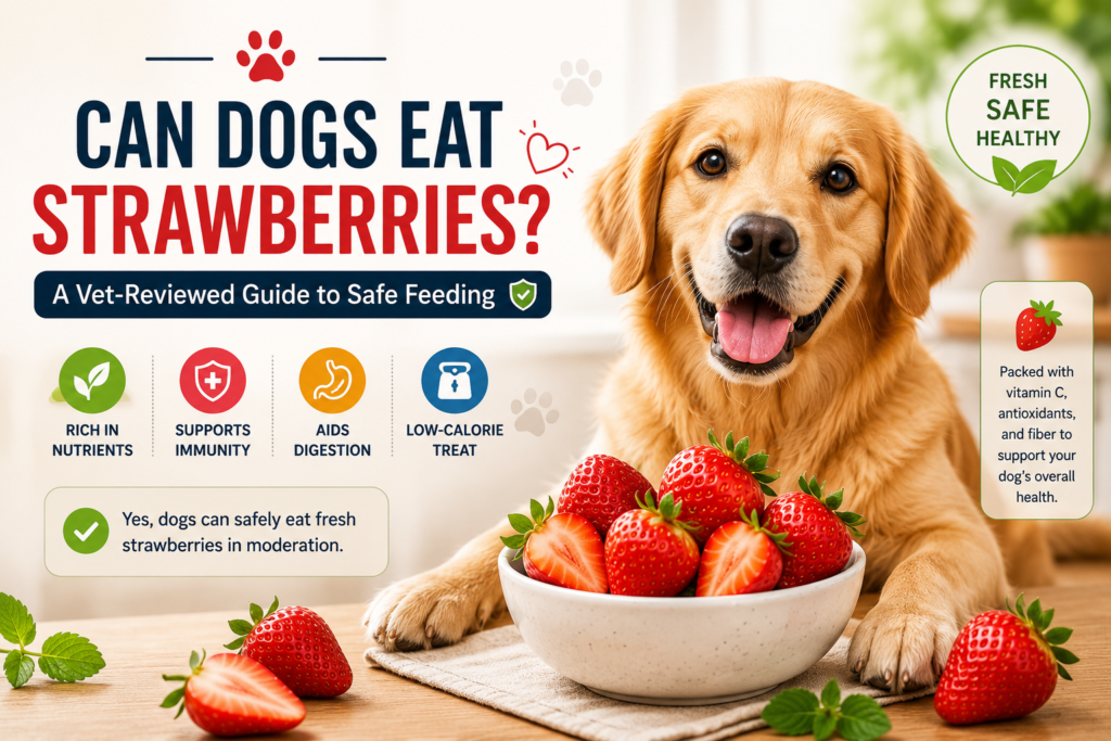 Can Dogs Eat Strawberries? Golden Retriever with fresh strawberries in a bowl