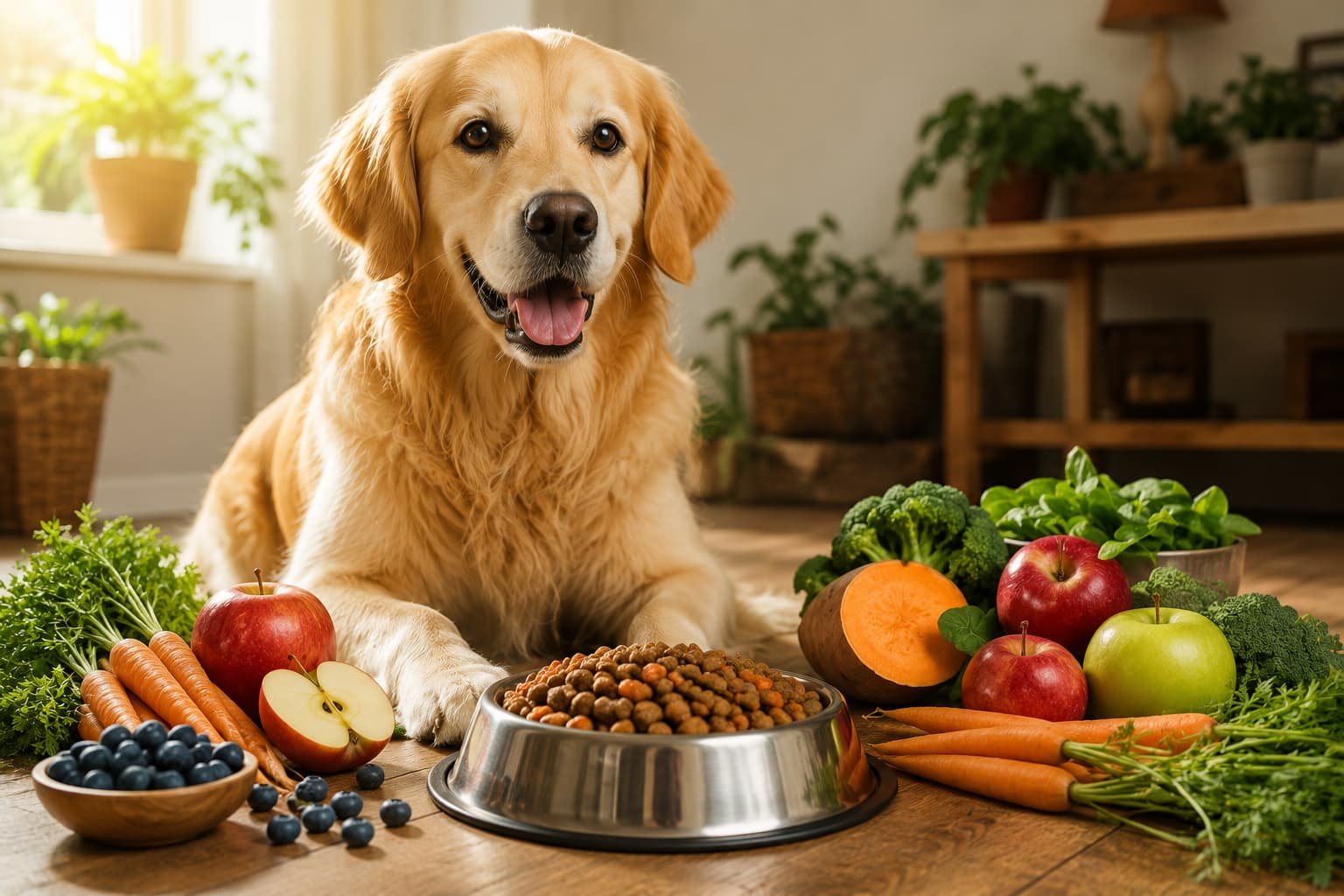 Golden retriever with a bowl of healthy dog food surrounded by fresh fruits and vegetables